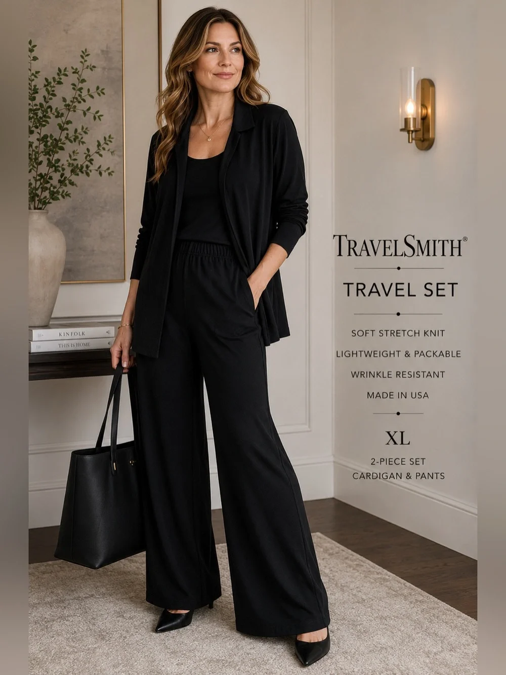 TravelSmith Black Travel Cardigan & Pants Set | XL | Made in USA